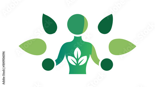 Abstract human silhouette combined with leaf and circle shapes, holistic health and wellness harmony concept