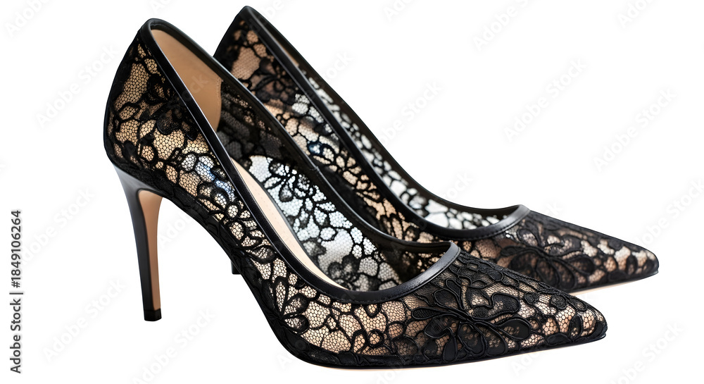 Fototapeta premium A pair of black and gold high heeled shoes isolated on transparent background