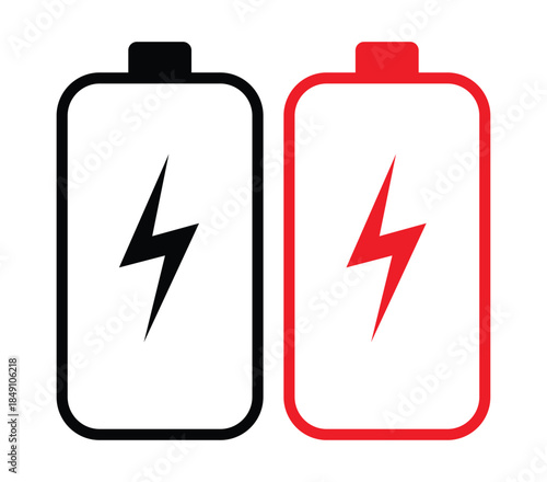Pair of Battery Icons with Lightning Bolt Symbols - Red and Black Minimalist Energy Charging Vector Illustration