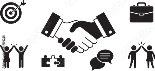 Business collaboration and success icons featuring handshake target briefcase people puzzle