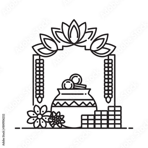 Decorative floral frame with a pot and coins a simple line art design