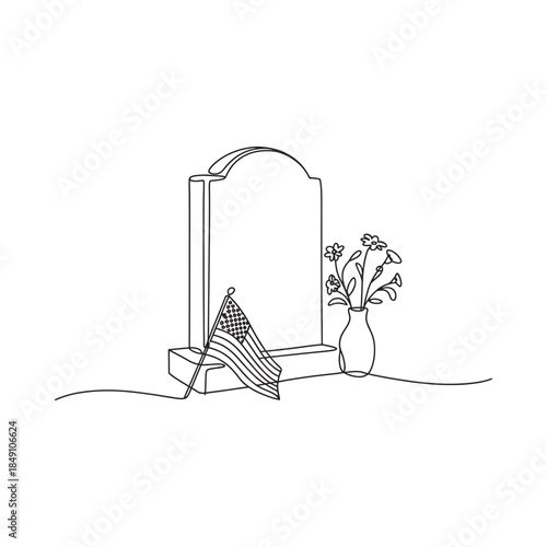 A simple line drawing depicts a tombstone flowers and an american flag