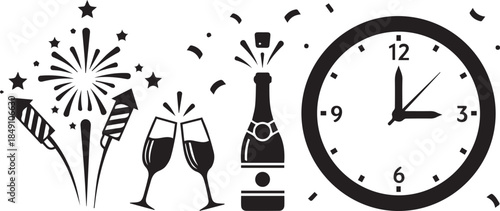 New year's eve celebration elements silhouette with fireworks champagne glasses and clock striking midnight