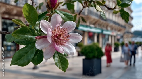 A flower is in the foreground of a city street. The flower is pink and has a green stem. There are several people walking down the street, and a few potted plants are visible. The scene has a peaceful
