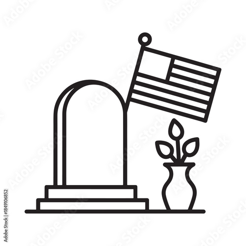 Memorial grave with american flag flowers and a simple tombstone design