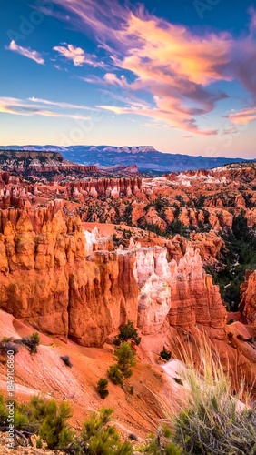 Scenic vista of layered sandstone formations under a vibrant, colorful sky at sunset