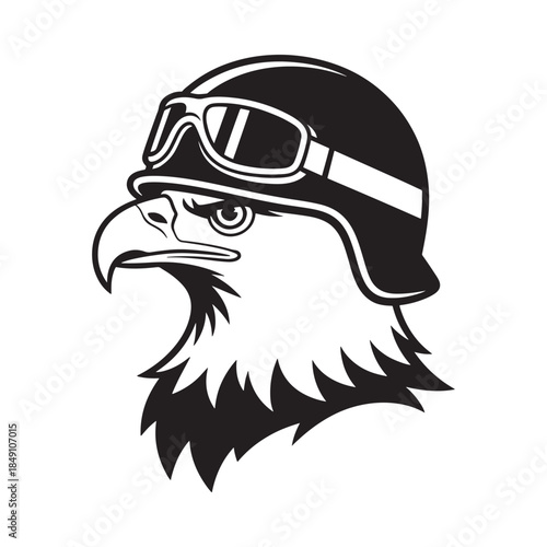 An eagle head with a motorcycle helmet and goggles black and white