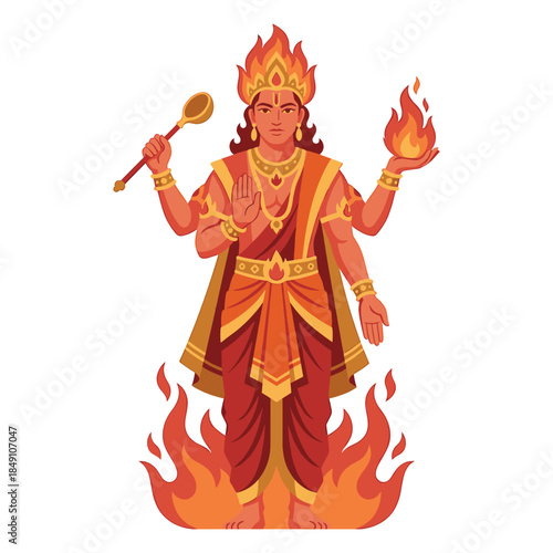 Illustration of a Hindu deity with flames, wearing orange and gold, holding a spoon and fire.