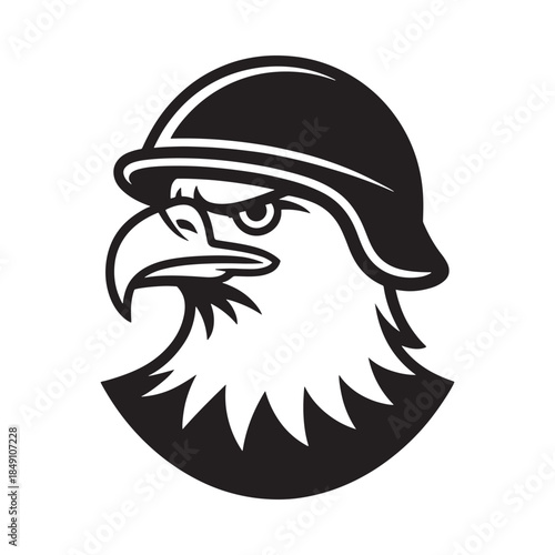 Eagle head wearing a military helmet a striking black and white illustration