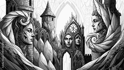 Detailed fantasy illustration featuring sculptural architecture with faces and botanical elements inspired by art nouveau style, rendered in monochrome