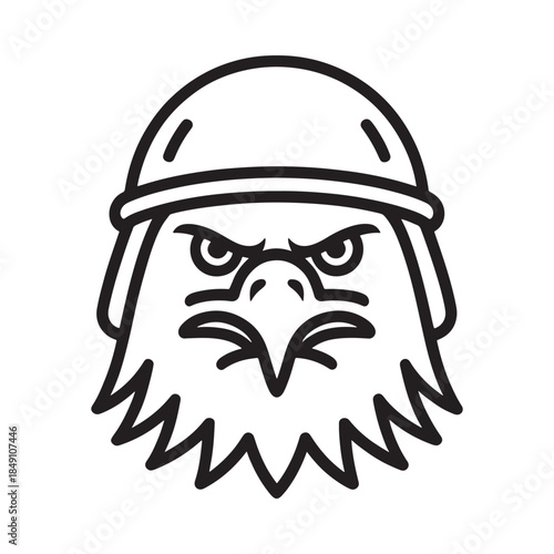 An eagle head with a military helmet a striking black and white design