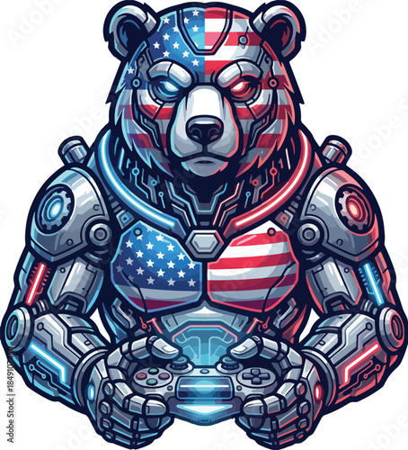 American flag robotic grizzly bear sitting with video game controller