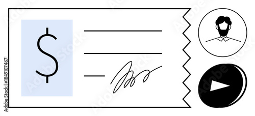 Banking, payments, transactions, verification, digital finance, personal identification. A check with a dollar symbol, signature profile and play button icons. Banking and payments illustration