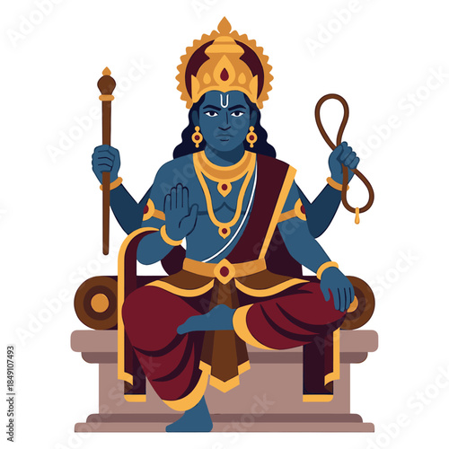Illustration of a blue-skinned Hindu deity sitting on a throne, wearing a crown and jewelry, holding a staff and noose, against a white background.