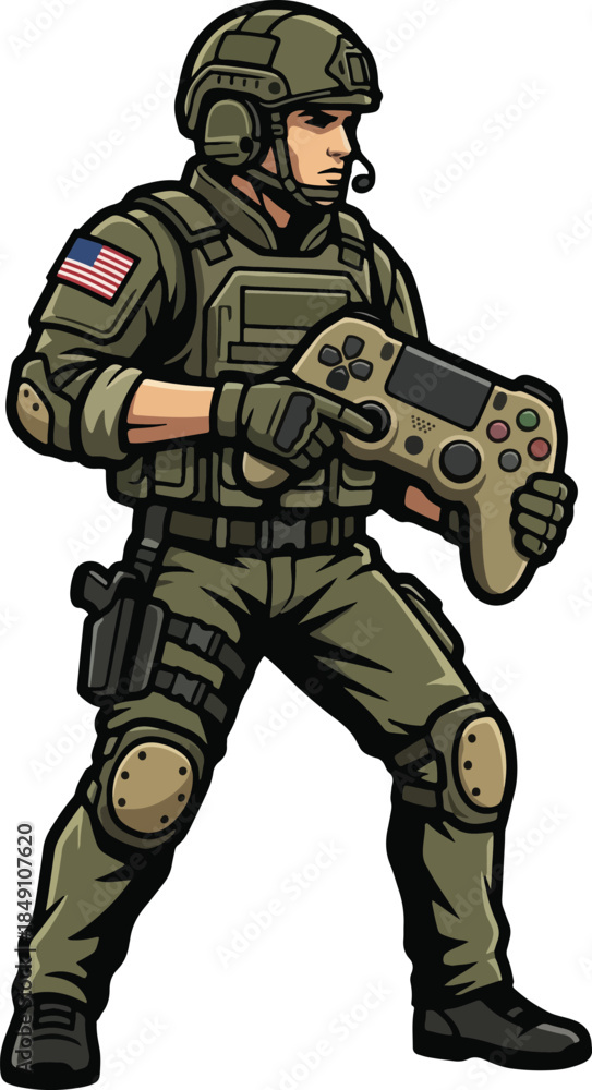 Fototapeta premium American soldier holding video game controller in military uniform and helmet