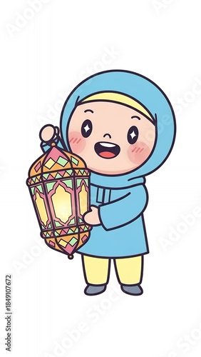 A cartoon child in a blue hooded outfit holding a colorful lantern.