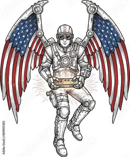 American steampunk robot with USA flag wings holding a clockwork device