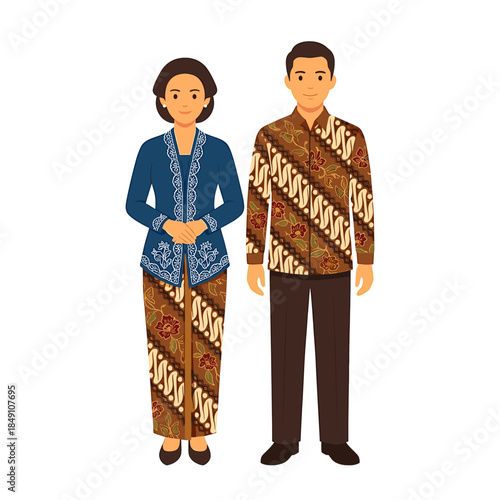 Illustration of a man and woman wearing traditional Batik clothing standing side by side against a white background.