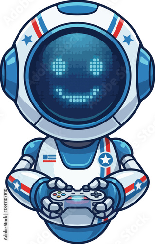 Cartoon astronaut in white space suit holding a video game controller smiling