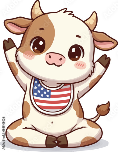 cartoon cow with american flag on belly sitting on ground with hands up
