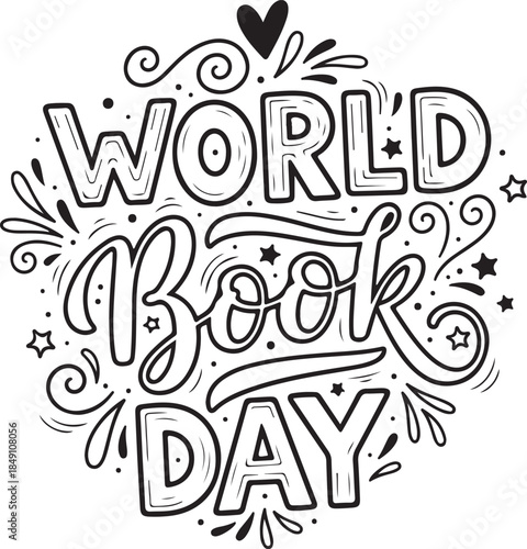 Decorative hand-lettered design for world book day featuring swirls and stars