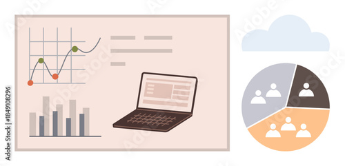 Laptop displaying data, bar and line charts, pie chart with team sections, and a cloud. Ideal for analytics, teamwork, collaboration, remote work, performance metrics digital transformation simple