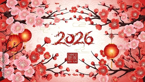Vibrant pink cherry blossoms and red lanterns celebrate 2026 chinese new year with festive decorations and bright floral arrangements
