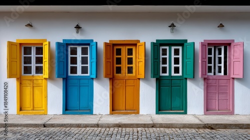 A row of colorful doors with windows on the side. The doors are in different colors, including yellow, green, and pink. The windows are also colorful, adding to the overall vibrant