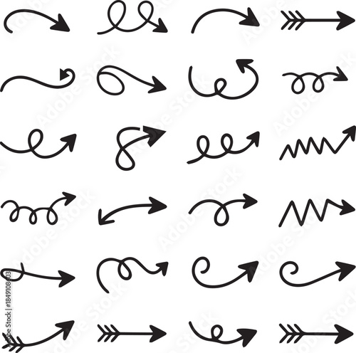Abstract hand sketched arrow symbols pack created with freehand lines and dynamic doodle strokes. Ideal for navigation graphics, flow diagrams, infographics, presentations, Editable vector arrow