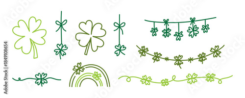 Green clover shamrock line art elements set, featuring garlands, dangling decorations, and borders. Vector illustrations symbolizing good luck, Ireland, and festive St. Patrick's Day design.