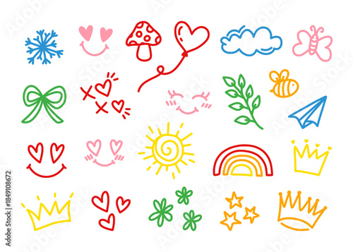 Cute, simple, and colorful kids' vector doodles set. Features hearts, sun, rainbow, butterfly, mushroom, and crowns. Perfect hand drawn elements for children's designs, scrapbooking projects.
