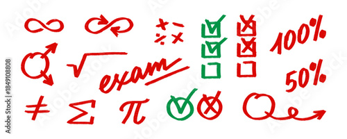 Set of hand drawn math and exam symbols, including infinity, square root, percentages, and red green checkmarks and crosses. Textured vector illustration ideal for educational design, quizzes, tests.