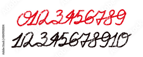Set of handwritten, textured script numbers from zero to ten in red and black. Vector crayon or chalk texture. Ideal for educational materials, pricing, or creative typography projects.
