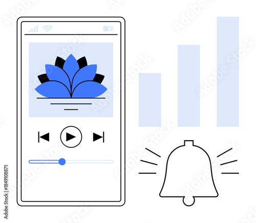 Music app interface. Music icons for streaming controls thumbs up play, pause, and volume with a notification alert symbol. Music apps combine analytics and notification for user engagement