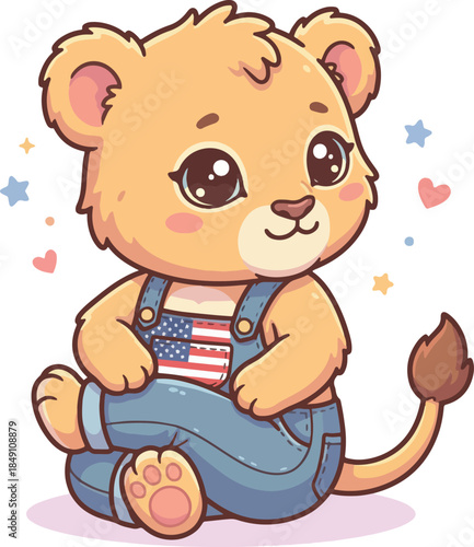 Cute lion cub wearing American flag overalls and sitting on ground with stars and hearts around