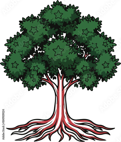 illustration of a tree with green leaves and exposed roots
