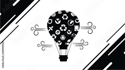 Creative idea light bulb with eco friendly symbols and recycling icons, innovative thinking concept, sustainable solutions, environmental awareness, black and white illustration