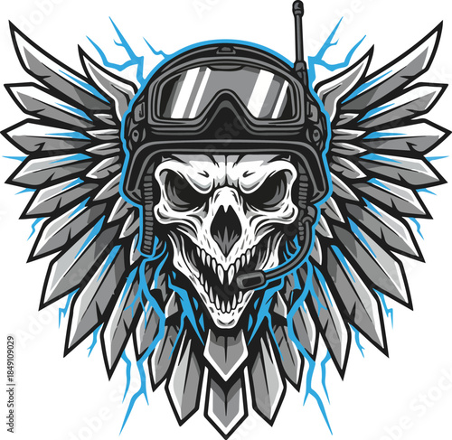 Skull wearing a helmet with goggles and wings  aggressive illustration