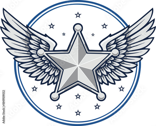Grey star with wings in a circle and stars on white