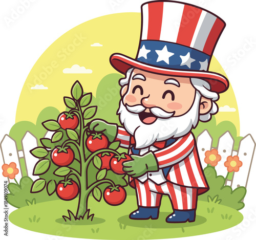 Uncle Sam picking tomatoes from a plant in a garden
