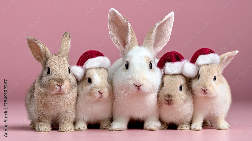 Obraz premium A group of five rabbits wearing Santa hats are standing together. The rabbits are all white and appear to be cute and happy. Concept of warmth and joy, as the rabbits are dressed up for the holidays