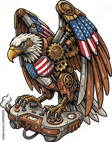 Steampunk eagle with american flag wings standing on video game controller