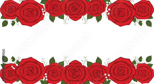 Elegant horizontal floral frame with top and bottom borders of red roses white baby's breath and green leaves on white background vector.