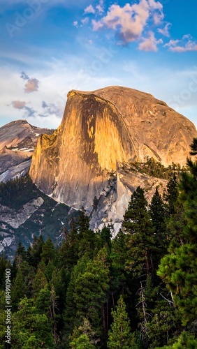 Majestic dome-shaped mountain bathed in golden light with a dense forest in the foreground under a blue sky
