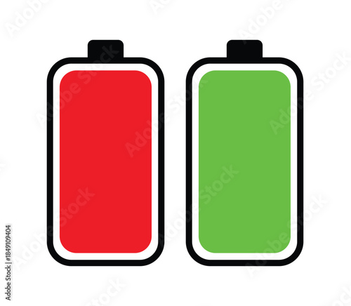 Full and Empty Battery Icons Set with Red and Green Status Indicators for Energy and Power Level