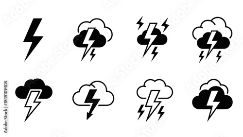 Energy Icons Set: A collection of various icons representing energy sources, electric plugs, lightning strikes, batteries, and power outlets. A visual representation of electrical concepts