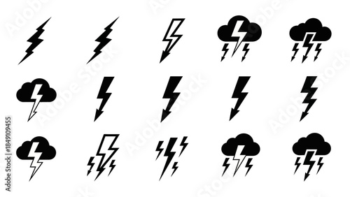 Energy Icons Set: A collection of various icons representing energy sources, electric plugs, lightning strikes, batteries, and power outlets. A visual representation of electrical concepts