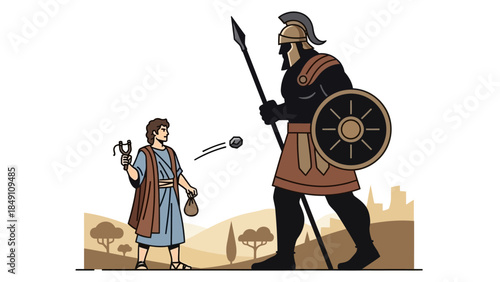 David confronts Goliath in ancient biblical battle scene