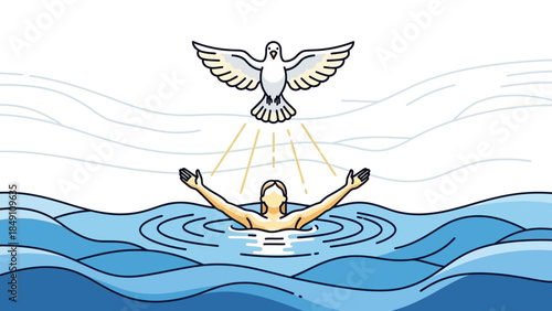 Man emerging from water with dove above symbolizing spiritual rebirth