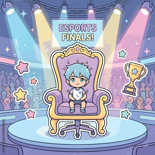 A cute kawaii sticker of a gamer boy sitting on a throne at the "Esports Finals" stage with spotlights and a trophy